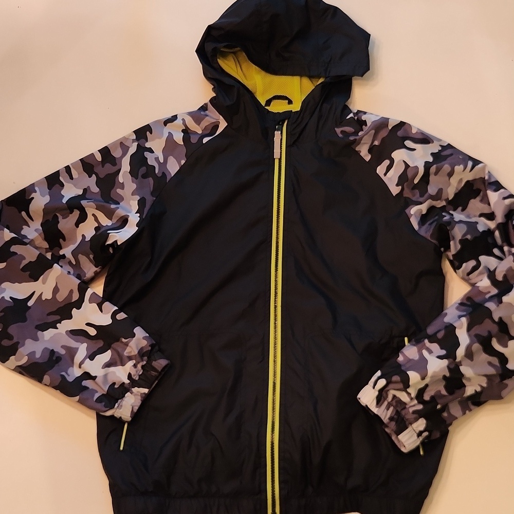 Michael Kors Black Camo Print Hooded Windbreaker Jacket Neon Zip 18 20